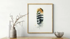 Image of a feather watercolor painting by Shayna Larsen, originals & prints available