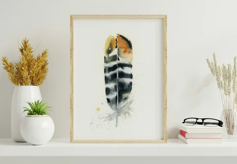 Image of a feather watercolor painting by Shayna Larsen, originals & prints available