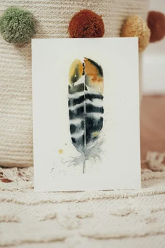 Image of a feather watercolor painting by Shayna Larsen, originals & prints available