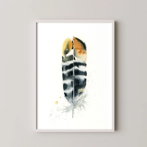 Image of a feather watercolor painting by Shayna Larsen, originals & prints available