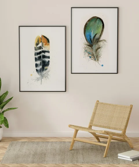 Image of a feather watercolor painting by Shayna Larsen, originals & prints available
