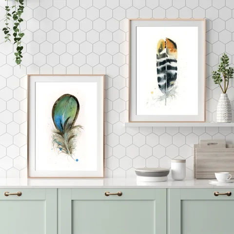 Image of a feather watercolor painting by Shayna Larsen, originals & prints available