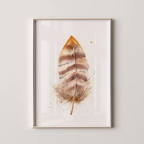Image of a feather watercolor painting by Shayna Larsen, originals & prints available