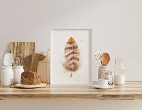 Image of a feather watercolor painting by Shayna Larsen, originals & prints available