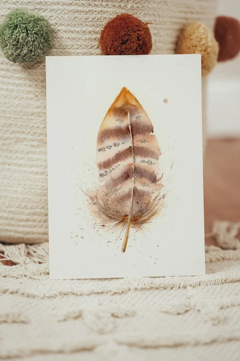 Image of a feather watercolor painting by Shayna Larsen, originals & prints available