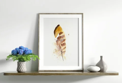 Image of a feather watercolor painting by Shayna Larsen, originals & prints available