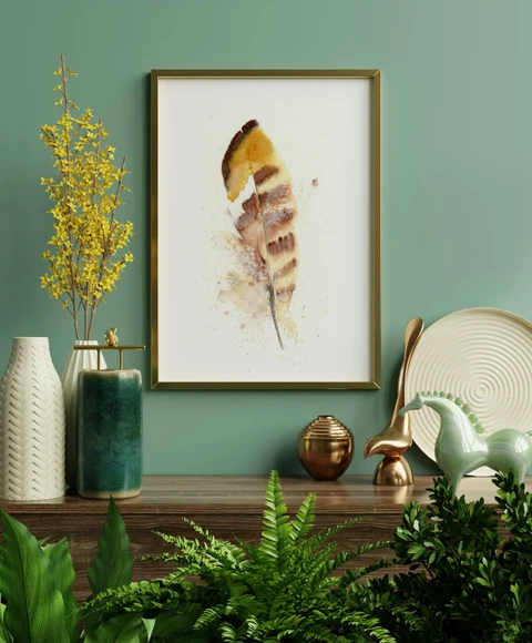 Image of a feather watercolor painting by Shayna Larsen, originals & prints available
