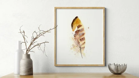 Image of a feather watercolor painting by Shayna Larsen, originals & prints available