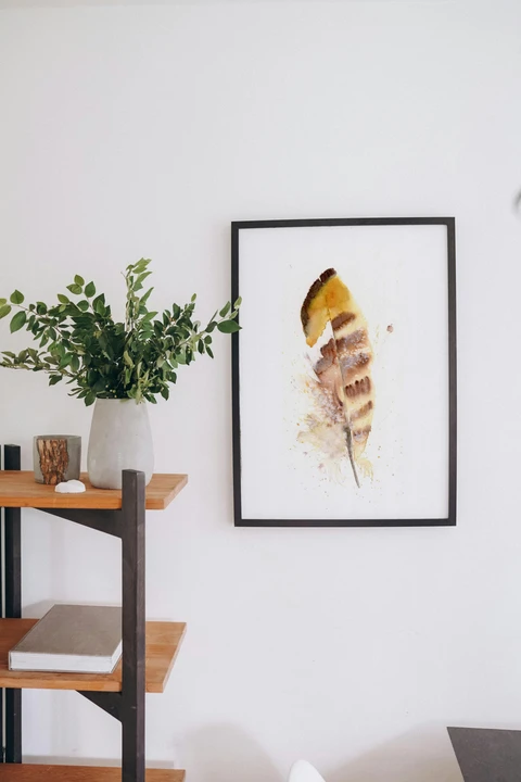 Image of a feather watercolor painting by Shayna Larsen, originals & prints available