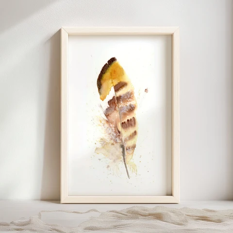 Image of a feather watercolor painting by Shayna Larsen, originals & prints available
