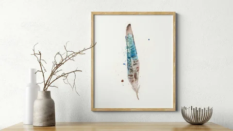 Image of a feather watercolor painting by Shayna Larsen, originals & prints available