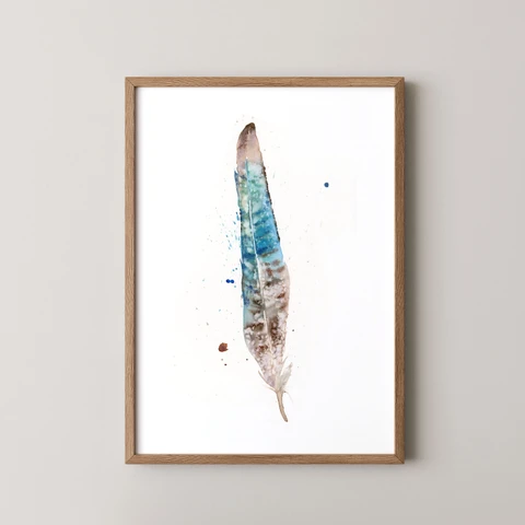 Image of a feather watercolor painting by Shayna Larsen, originals & prints available