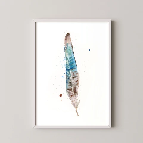 Image of a feather watercolor painting by Shayna Larsen, originals & prints available
