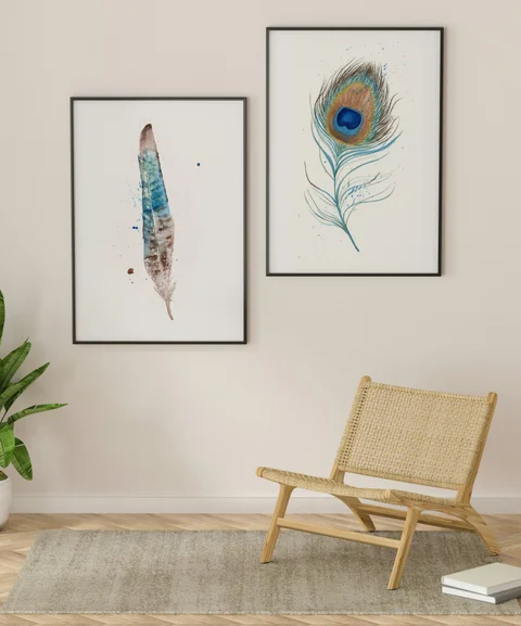Image of a feather watercolor painting by Shayna Larsen, originals & prints available