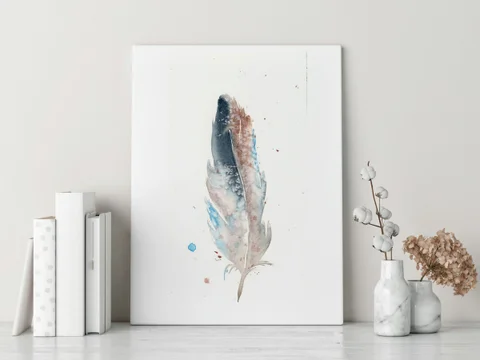 Image of a feather watercolor painting by Shayna Larsen, originals & prints available