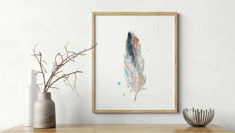 Image of a feather watercolor painting by Shayna Larsen, originals & prints available