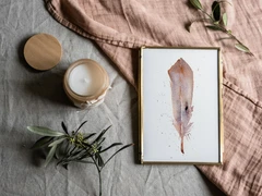 Image of a feather watercolor painting by Shayna Larsen, originals & prints available