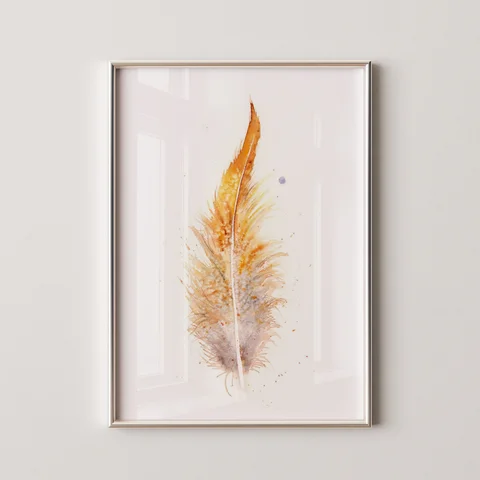 Image of a feather watercolor painting by Shayna Larsen, originals & prints available