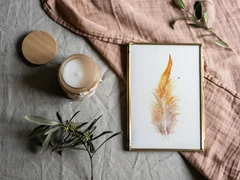 Image of a feather watercolor painting by Shayna Larsen, originals & prints available