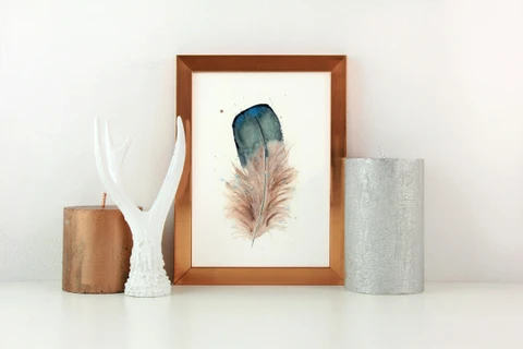 Image of a feather watercolor painting by Shayna Larsen, originals & prints available
