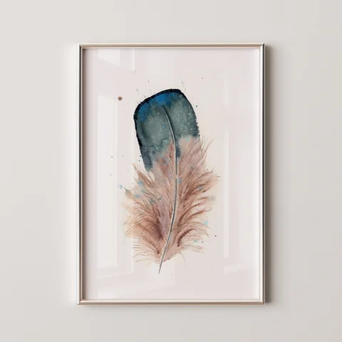 Image of a feather watercolor painting by Shayna Larsen, originals & prints available