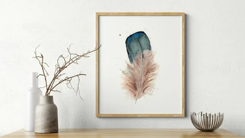 Image of a feather watercolor painting by Shayna Larsen, originals & prints available