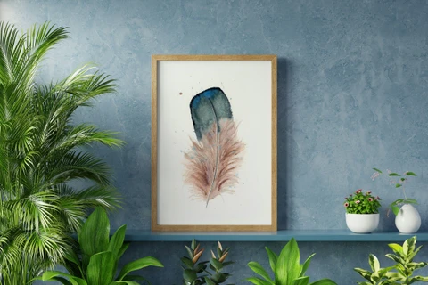 Image of a feather watercolor painting by Shayna Larsen, originals & prints available