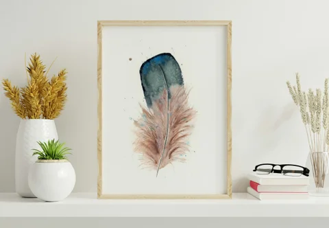 Image of a feather watercolor painting by Shayna Larsen, originals & prints available