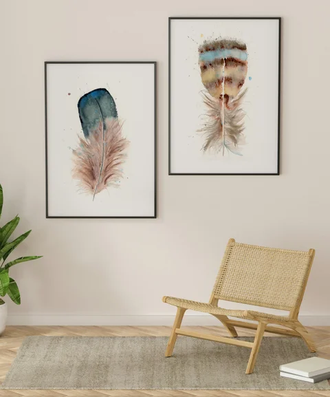 Image of a feather watercolor painting by Shayna Larsen, originals & prints available