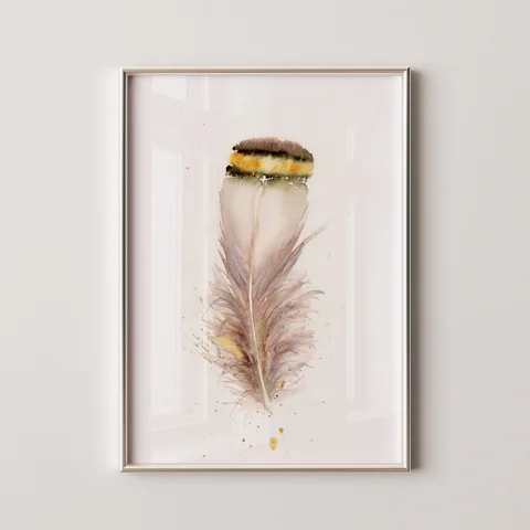 Image of a feather watercolor painting by Shayna Larsen, originals & prints available