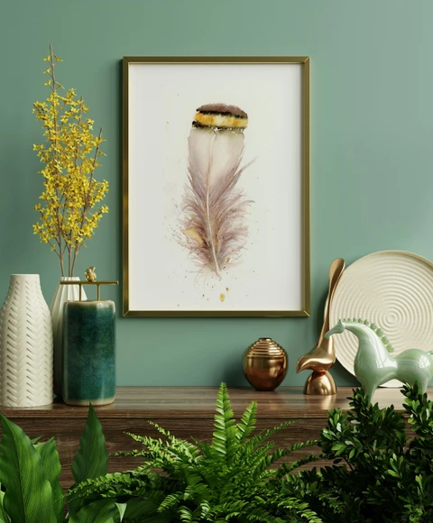 Image of a feather watercolor painting by Shayna Larsen, originals & prints available