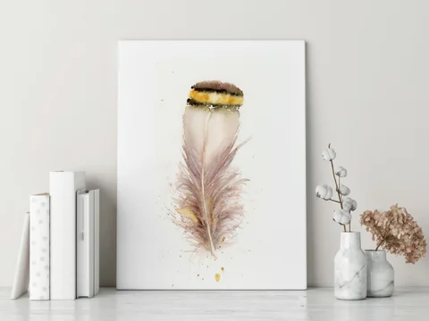 Image of a feather watercolor painting by Shayna Larsen, originals & prints available