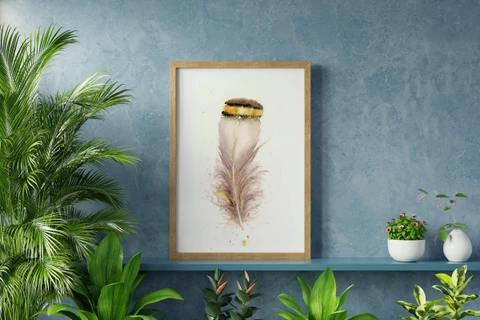 Image of a feather watercolor painting by Shayna Larsen, originals & prints available