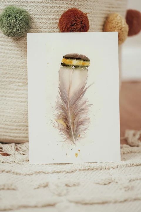 Image of a feather watercolor painting by Shayna Larsen, originals & prints available