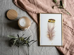 Image of a feather watercolor painting by Shayna Larsen, originals & prints available