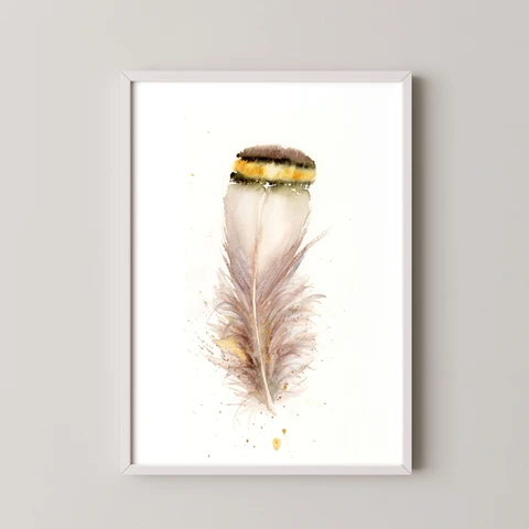 Image of a feather watercolor painting by Shayna Larsen, originals & prints available
