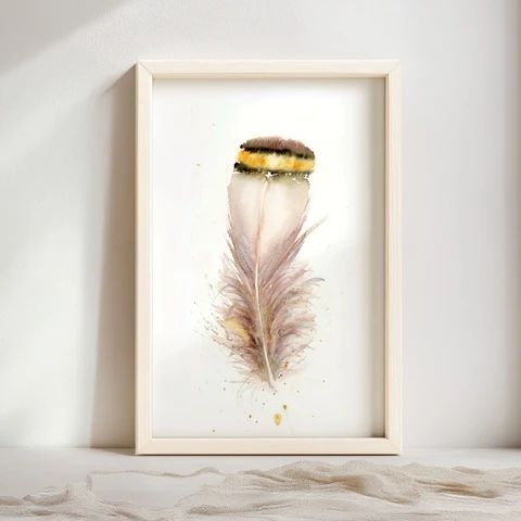 Image of a feather watercolor painting by Shayna Larsen, originals & prints available