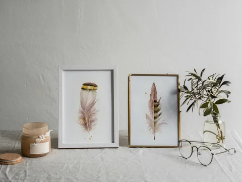 Image of a feather watercolor painting by Shayna Larsen, originals & prints available