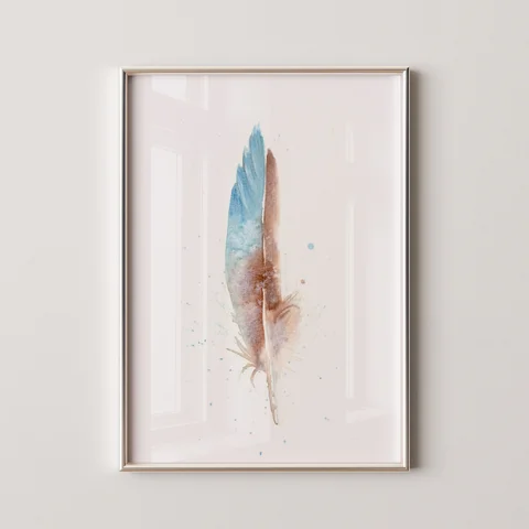 Image of a feather watercolor painting by Shayna Larsen, originals & prints available