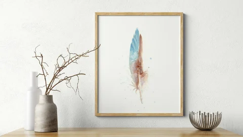 Image of a feather watercolor painting by Shayna Larsen, originals & prints available