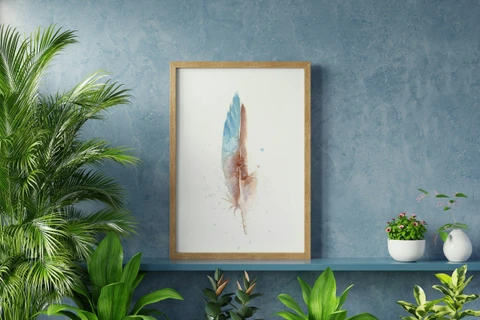 Image of a feather watercolor painting by Shayna Larsen, originals & prints available