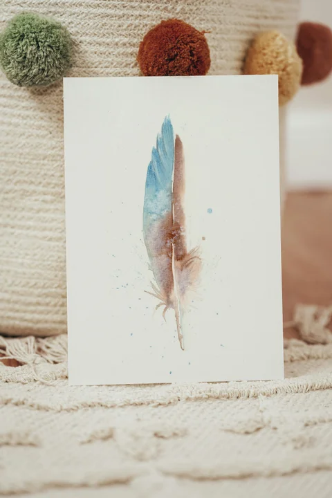 Image of a feather watercolor painting by Shayna Larsen, originals & prints available