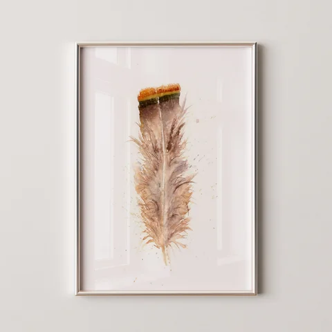 Image of a feather watercolor painting by Shayna Larsen, originals & prints available