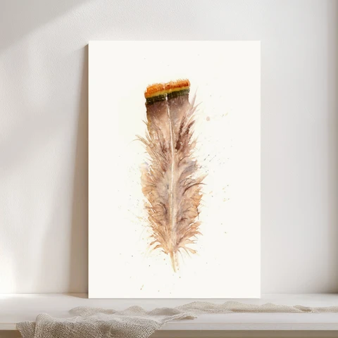 Image of a feather watercolor painting by Shayna Larsen, originals & prints available