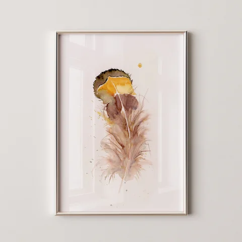 Image of a feather watercolor painting by Shayna Larsen, originals & prints available