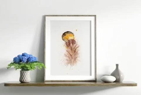 Image of a feather watercolor painting by Shayna Larsen, originals & prints available