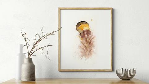 Image of a feather watercolor painting by Shayna Larsen, originals & prints available