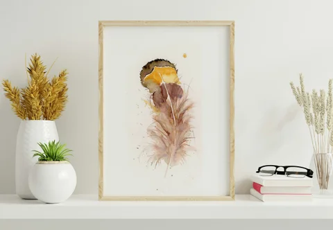 Image of a feather watercolor painting by Shayna Larsen, originals & prints available