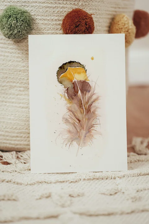 Image of a feather watercolor painting by Shayna Larsen, originals & prints available