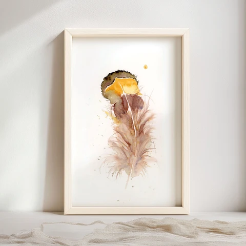 Image of a feather watercolor painting by Shayna Larsen, originals & prints available